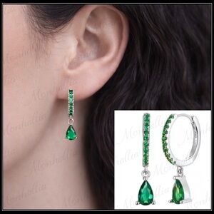 NEW 925 EMERALD MARQUISE STONE HUGGIE HOOP CHARM DROP EARRINGS